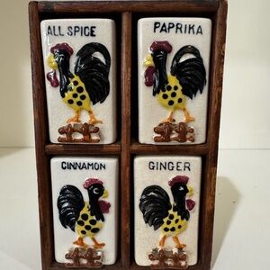 Antique Rooster Spice Rack Set with Four Containers
